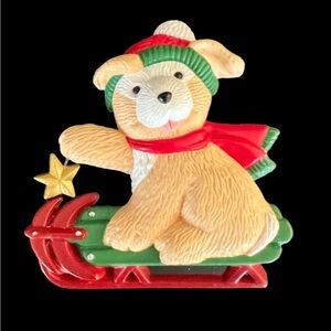 Vintage Hallmark Lapel Pin Winter Collectible Dog on a Sled Brooch Puppy Pin EUC
